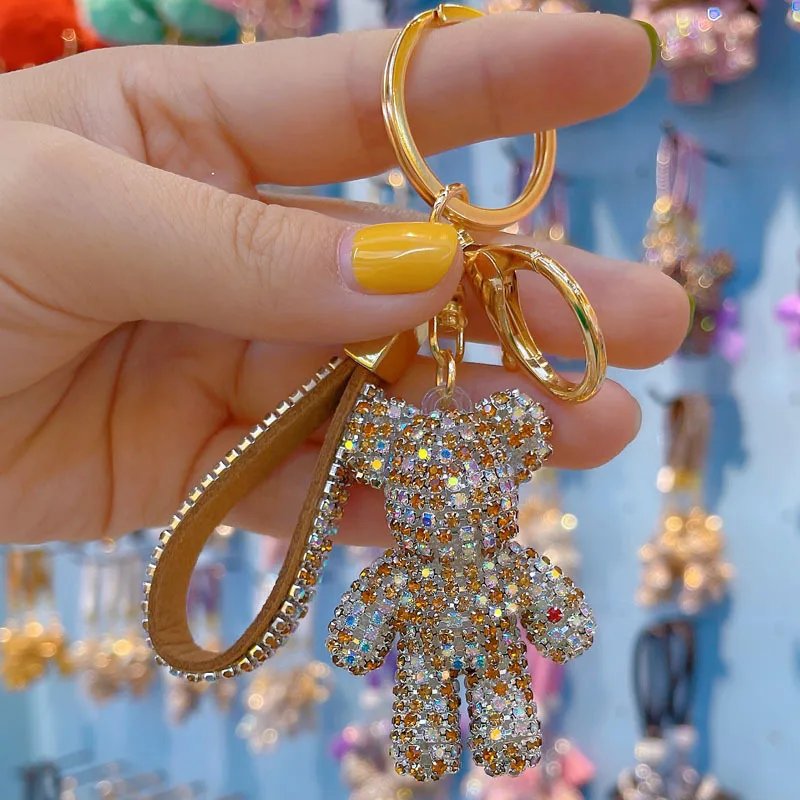 Bling Sparkle Keychain Accessories Women Car Keys Keychain Charms Cute Rhinestone Bear Keychain For Handbags