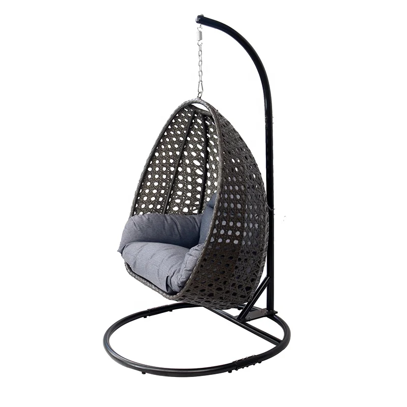 Egg Shape Black Patio Porch Wicker Furniture Outdoor Garden Rattan Hanging Basket Swing Chairs with Stand