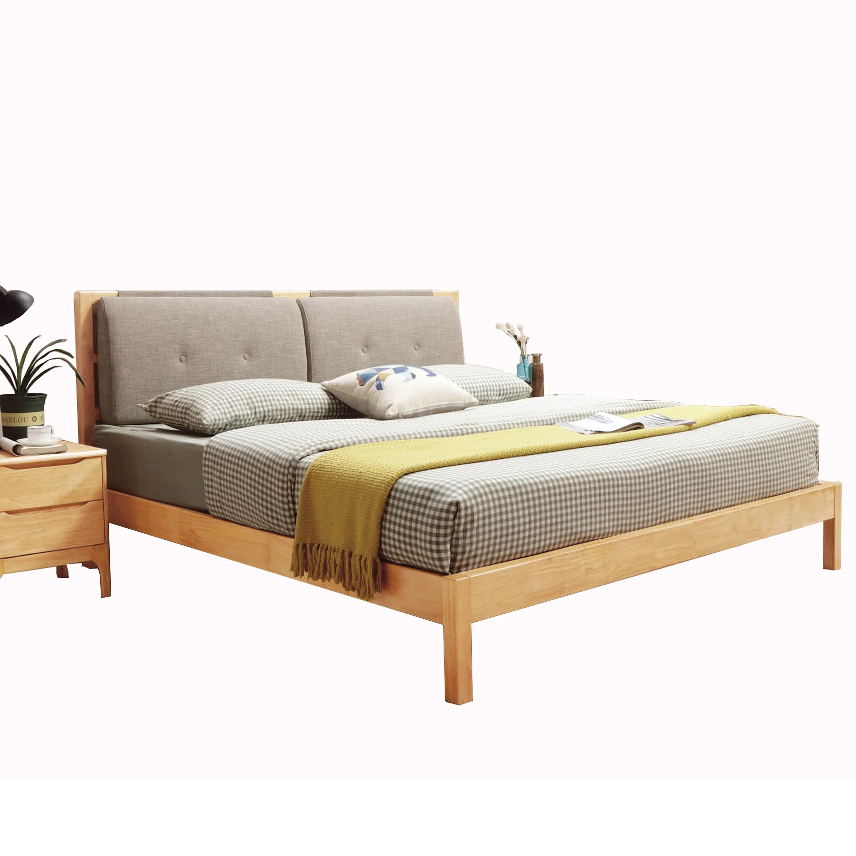 Firsthand Price Wholesale Solid Wood Bedroom Furniture Bed Platform with Upholstered Cushioned Headboard Bed Frame For Hotels (1600246372928)