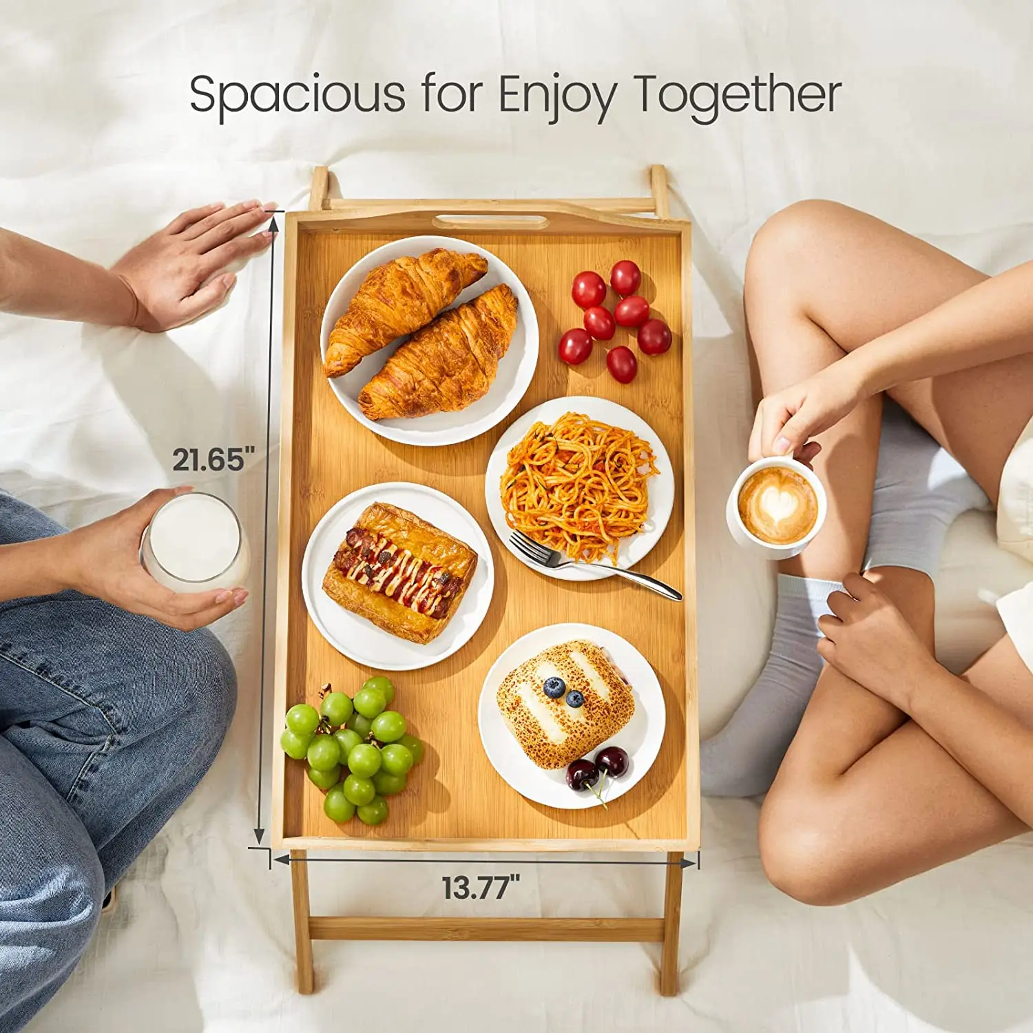 Multi-Functional Bamboo Bed Tray Table Bamboo Serving Tray with Folding Legs and Ipad Phone Slots