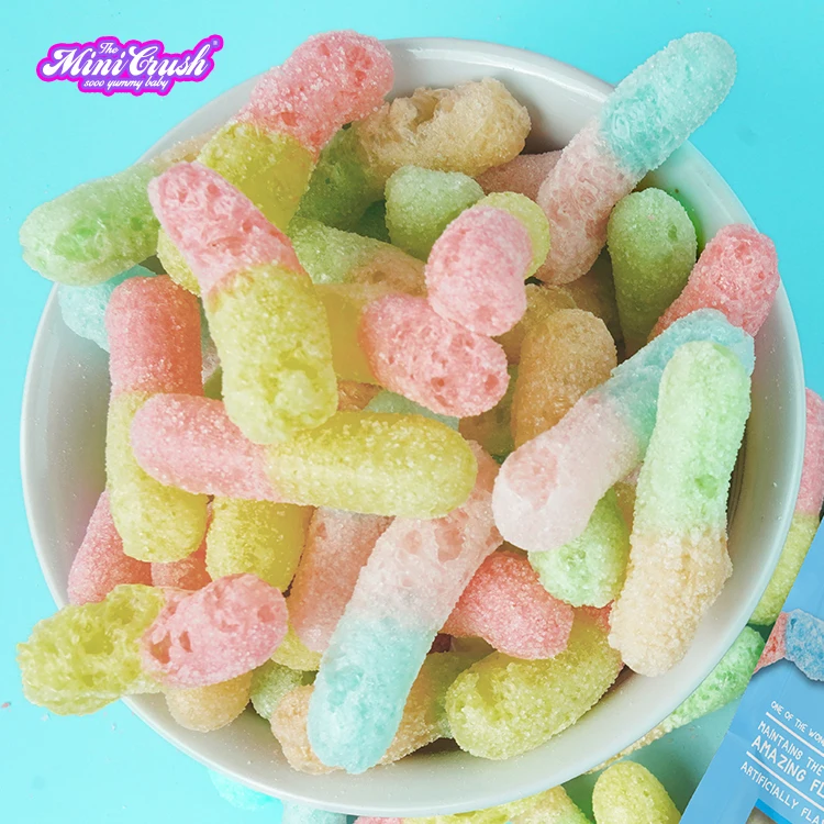 cartoon candy Crunch puffed Candies Wholesale Custom Freeze-Dried gummy sour worms Candy with natural colors&flavors