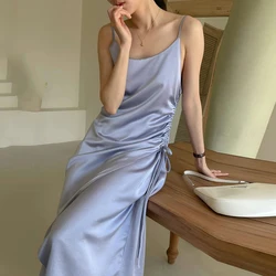 Wholesale 2023 Korean Summer French Elegant Square Neck Pleated Drawstring Lace Up Bowknot Pearly Blue Strap Dress