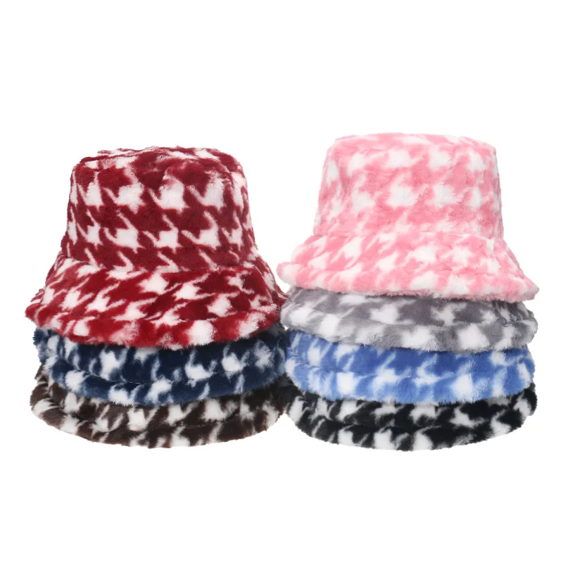 2021 autumn and winter fisherman hat plush warm houndstooth rabbit fur men and women bucket hat