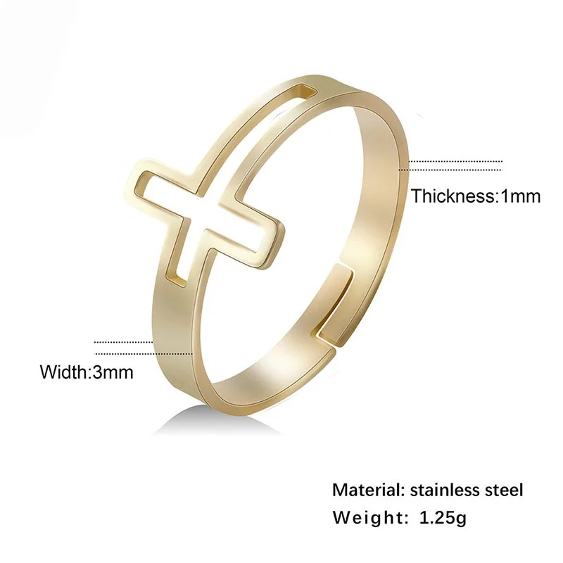 G3224 Wholesale Stainless Steel Simple Gold Plated Open Adjustable Religious Hollow Cross Finger Ring Fashion Jewelry Rings