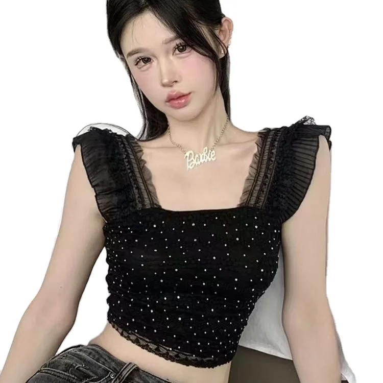 Crop Tanks Women Bright Diamond Y2k Summer Lovely Ruffles Tops Sexy Hot Girls Holiday All-match Korean Style Fashion Clothing