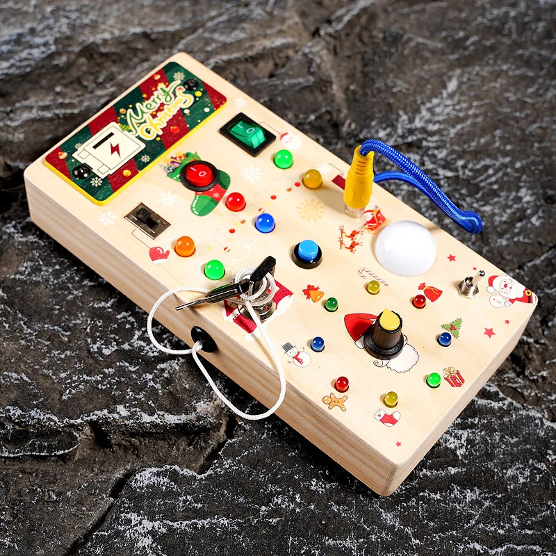 2023 CPC Chsirtmas Montessori Toddler  8 LED Light switches Sensory travel toys Baby Wooden Busy Board for kids
