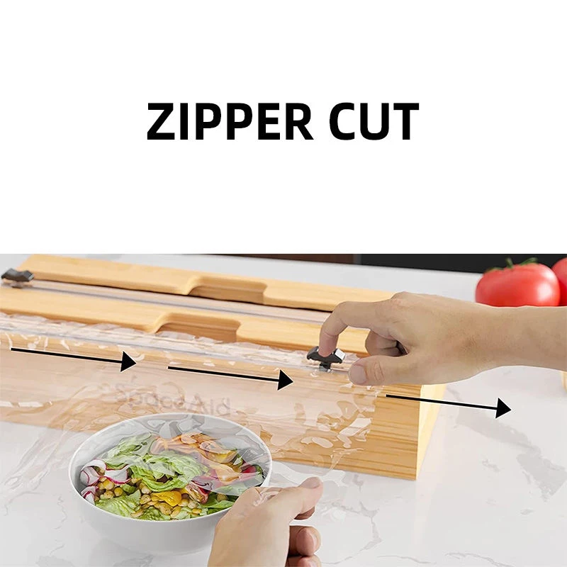 2 in 1 Bamboo Wood Aluminum Foil Kitchen Roll Organizer Holder and Paper Plastic Wrap Dispenser Storage With Zipper Cutter