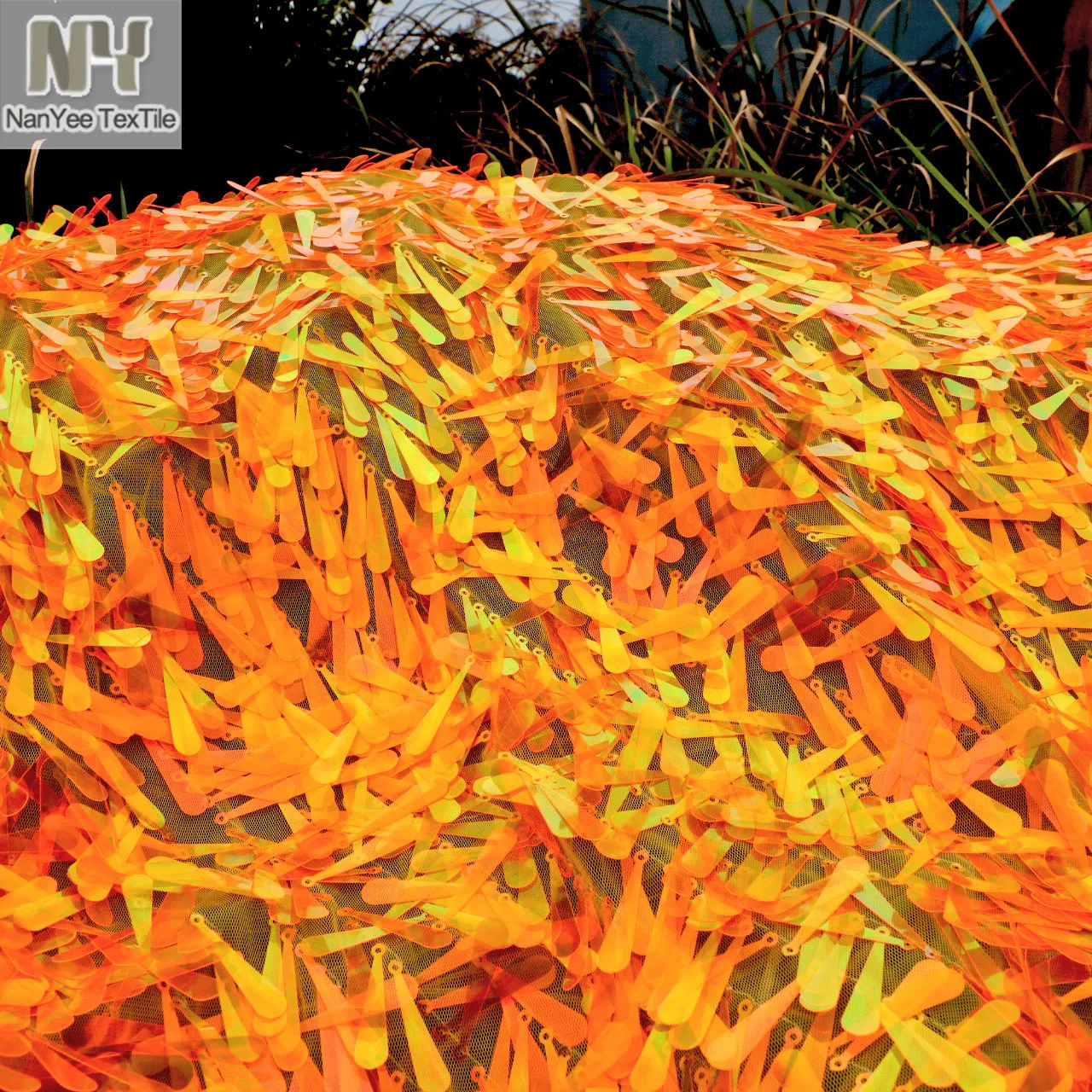 Nanyee Textile New Exclusive 40mm Strip Neon Orange Cone Shape Baseball Bat Sequin Fabric