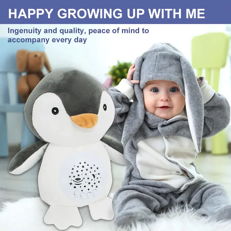 Night light penguin musical soft soothing toy baby sleep soothers projector stuffed plush toy doll