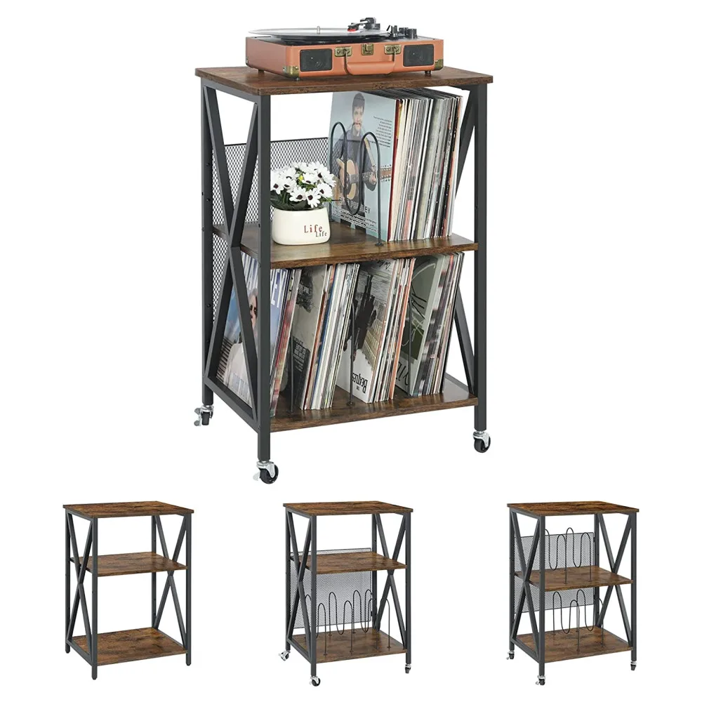 Oniya 3 Tier Rolling Turntable Stand Rustic Vinyl Record Storage End Table Bedside Nightstands with Wheels
