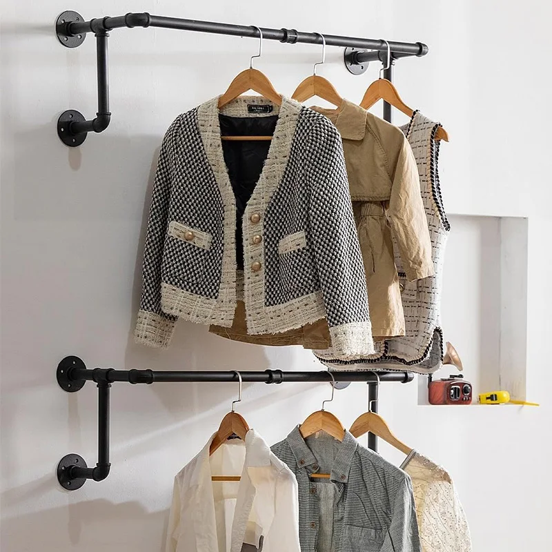 Custom Industrial Wall Mounted Heavy Duty Space Saving Pipe Clothing Rack for Hanging Clothes Closet Storage