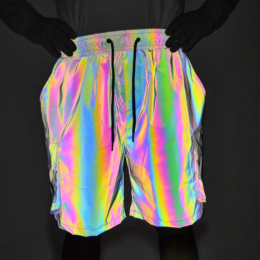 Custom Rainbow Light Reflective Shorts Elastic Waist Nightclub Stage Costume Men Casual Loose Hip Hop Shiny Short Pants