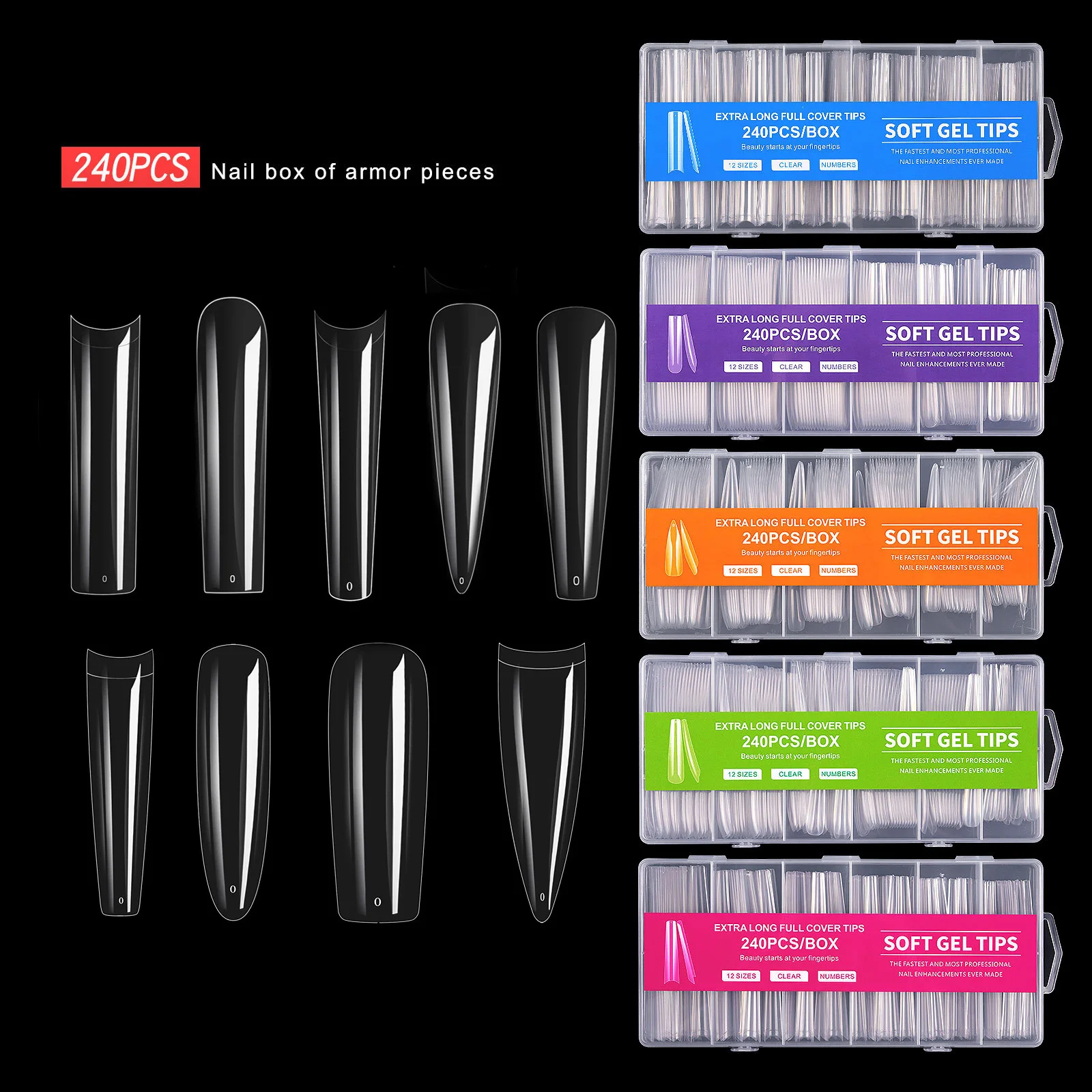 240 pcs Extra Long Full Cover Coffin Artificial Fingernails XXXL Clear Fast Exhancements Nail Salon Tips DIY Manicure Extension