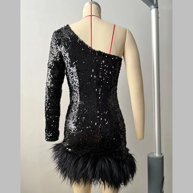 2022 Holiday Women Sparkly One Sleeve Feather Trim Mini Short Black Sequin Party Cocktail Dresses