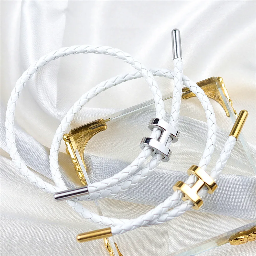 OYA genuine leather bracelet series 2024 jewelry trends stainless steel Bunkle Adjustable White Braided Genuine Leather Bracelet