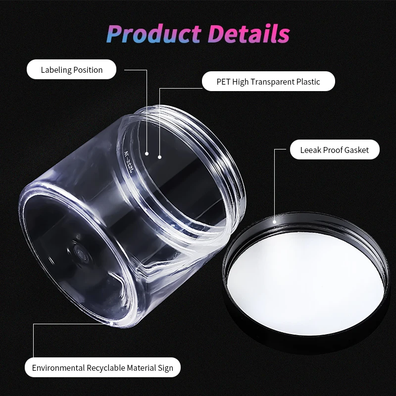 50ml 100ml 150ml 250ml clear amber black pet plastic cosmetic cream jar with plastic aluminum lid for cosmetic packaging