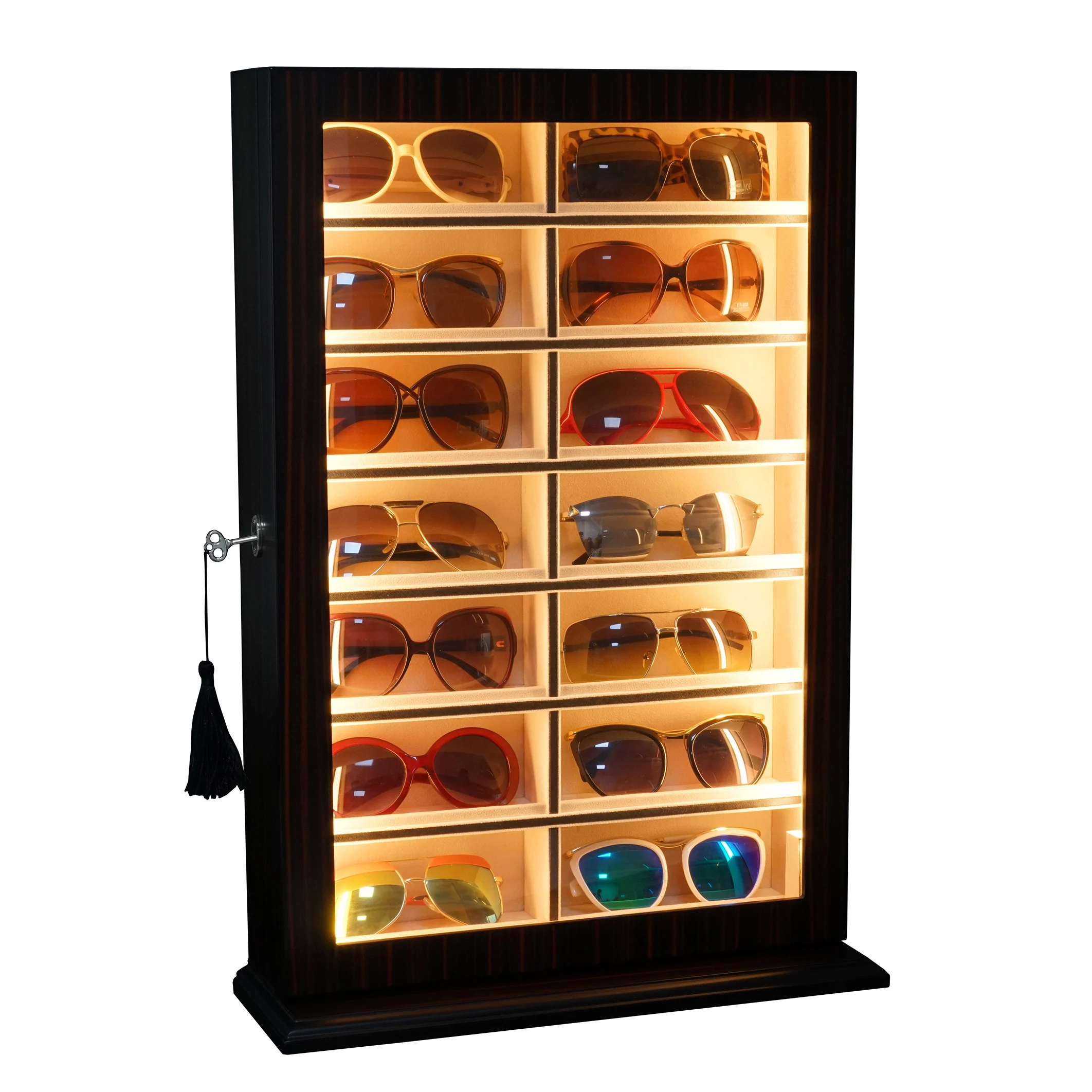 Sonny Custom Luxury LED 14 Slots Wooden Eyeglasses Display Eyewear Organizer Spectacles Collection Sunglasses Storage Box