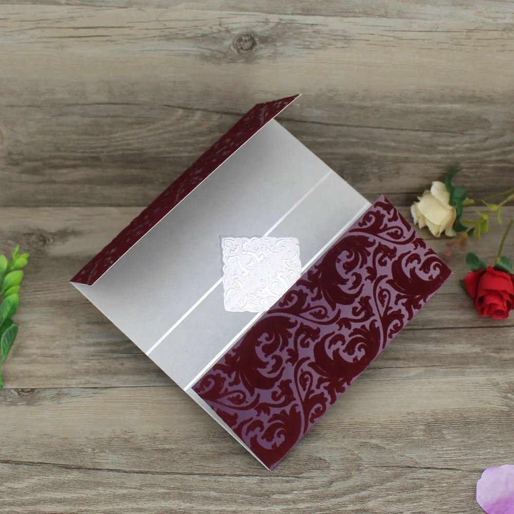 New Product Ideas Personalised Dark Green Flocking Embossed Wedding Cards and velvet pattern invitation cards