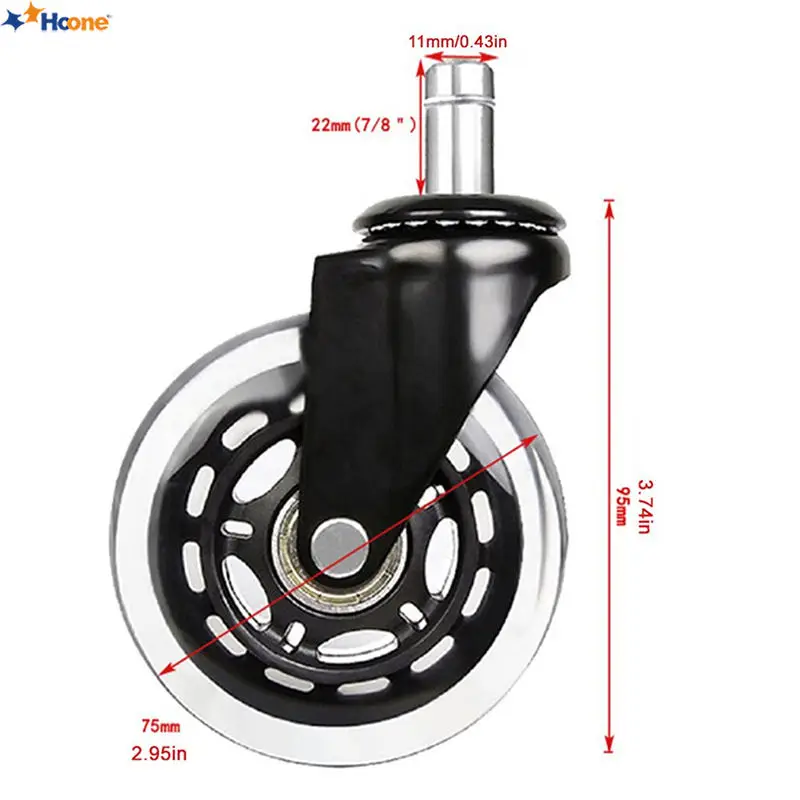 Колеса для офисного стула Hoone из полиуретана, прозрачные черные, сменные вращающиеся колесики с лезвием для ножек, с подставками для стульев