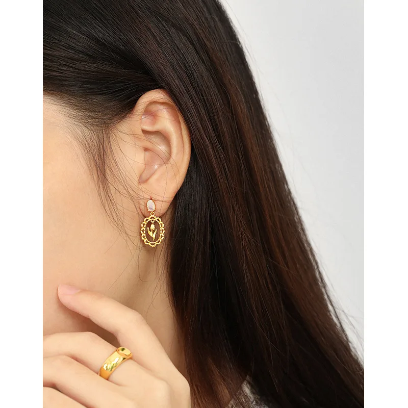 New Arrived 925 Silver Tulip Flower Earrings Carved Elegant Earrings Women Luxury Gold Drop Earrings