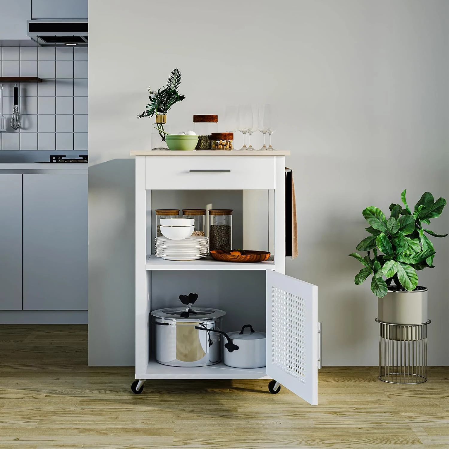 Rolling Kitchen Cart Storage Cabinet and Drawer,Small Kitchen Island Cart on Wheels with Wood Top Kitchen Trolley Cart