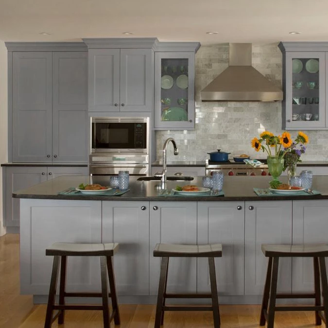 Modern open base wood kitchen cabinet door layout