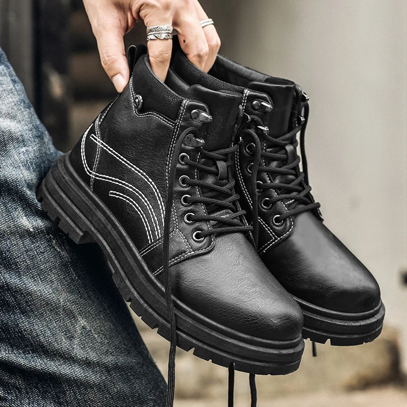 Boots Mens British Style Black Workwear Boots Height Increasing Safety Shoes Desert Boots