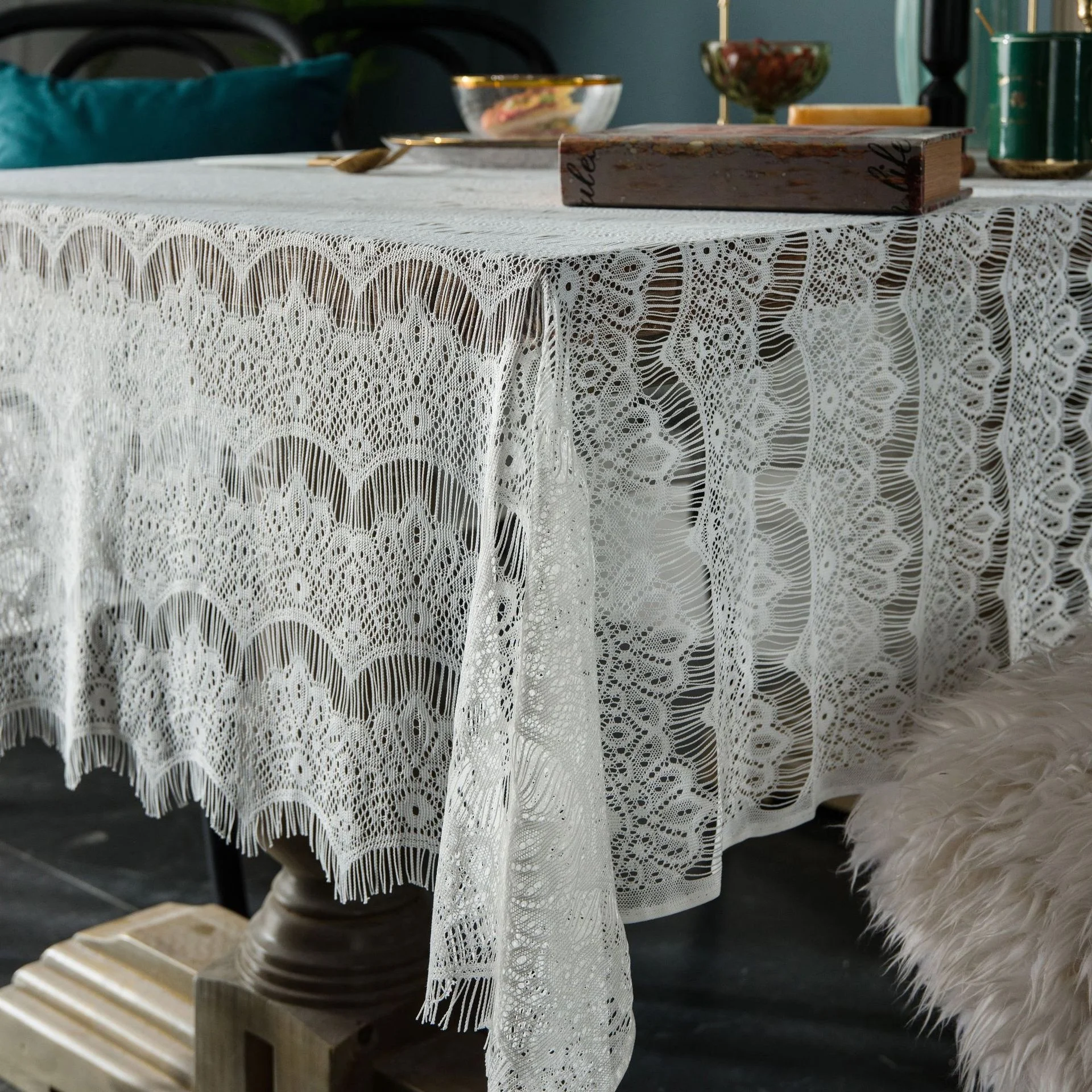 American country lace crochet tablecloth decorative cover coffee table white tablecloth