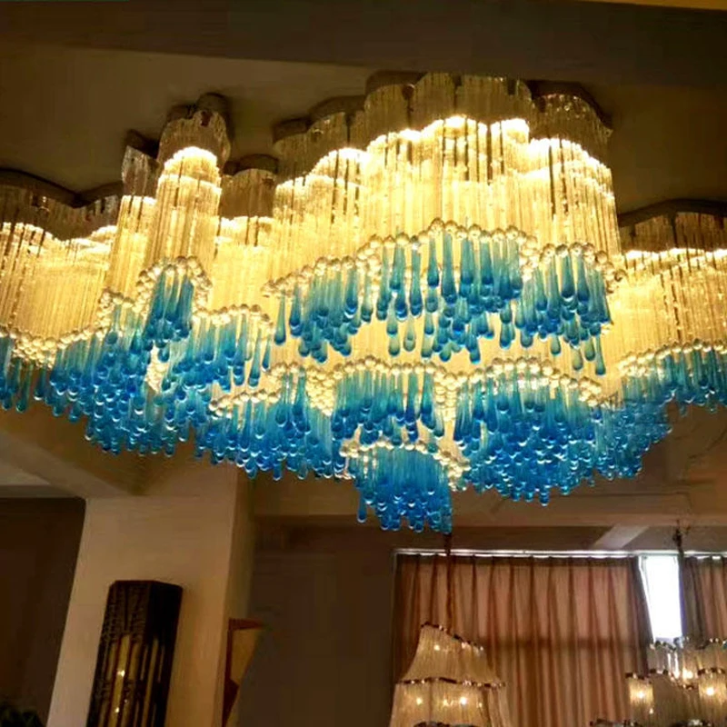 Factory Blue Water Drop Glass Large Chandelier Hotel Pendant Lighting Art Deco Glass Hotel Mall Interior Lamp