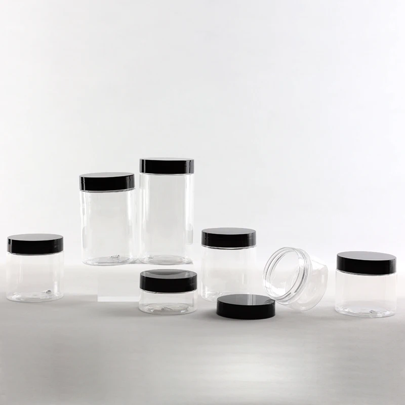 Food Grade 50Ml 100Ml 150Ml 1oz 4oz 6oz 8oz 12oz 16oz PET Plastic Cosmetic Cream Hair Gel Body Scrub Butter Jars With Black Lids