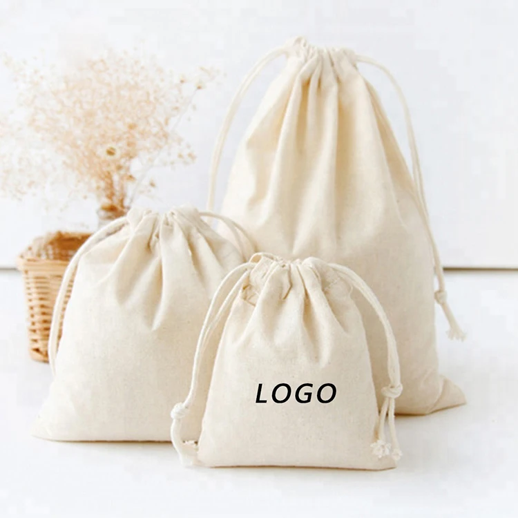 
Custom Logo Small White Canvas Bags Organic Drawstring Cotton Cloth Bag 