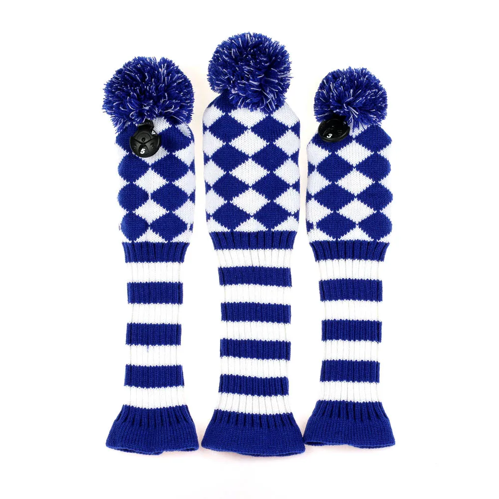 
VolfGolf Knitted Golf Woods Headcovers in Blue and White Diamond Shape Pattern 