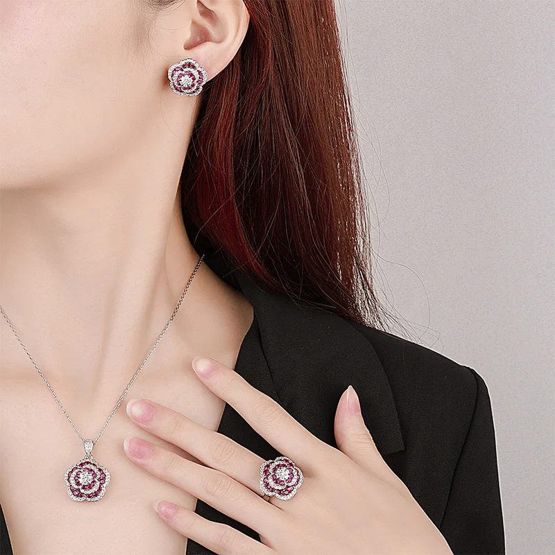 EYIKA Luxury Designer Wedding Flower Jewelry Set Party Bridal Zirconia Rings Full Diamond Big Flower Ring For Women