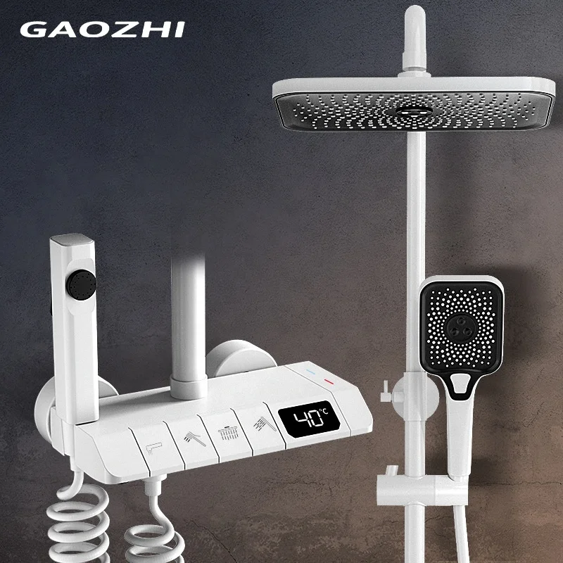 Gun Gray Square Shower Head 3 Modes Handheld Sprayer Brass Piano Shower Set Thermostat Shower System Faucet Set With Tub Spout