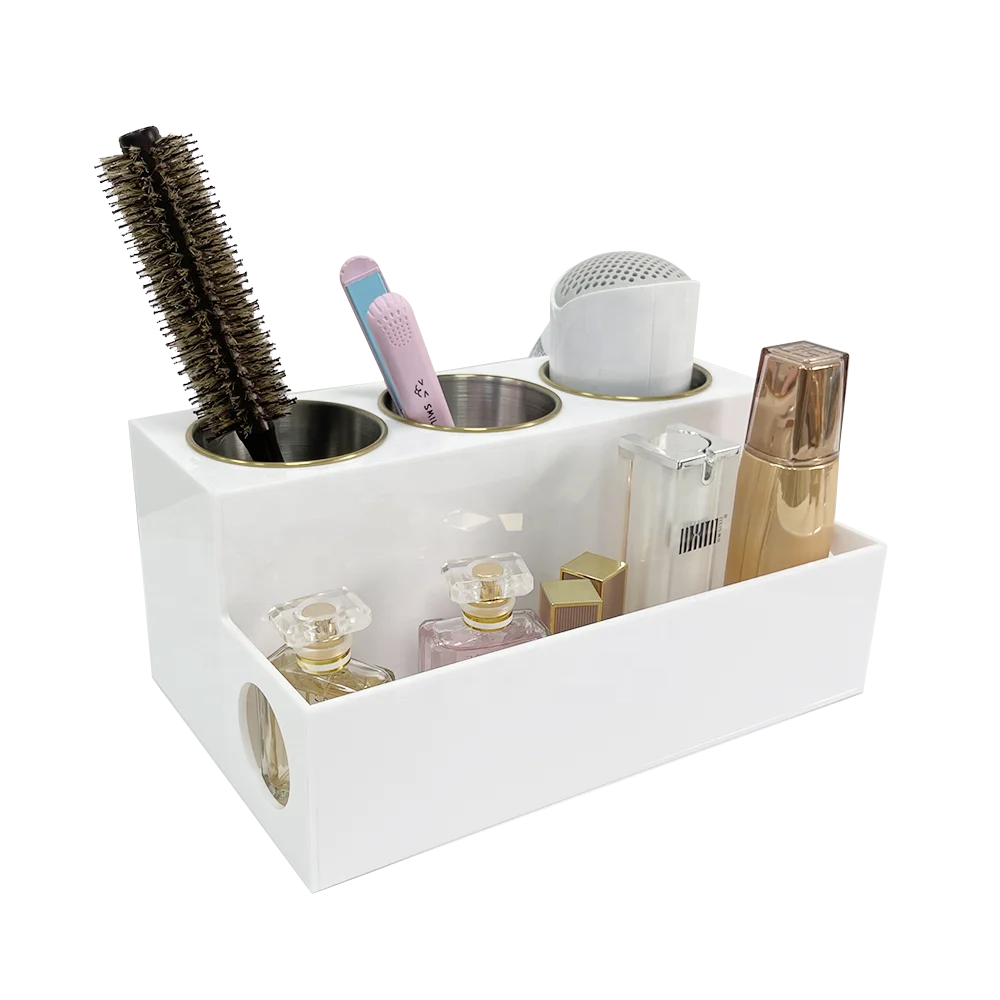 Elegant White Acrylic Bathroom Hair dryer Tool Organizer Home Organization Hair Dryer Storage Holder with 3 Steel Cups