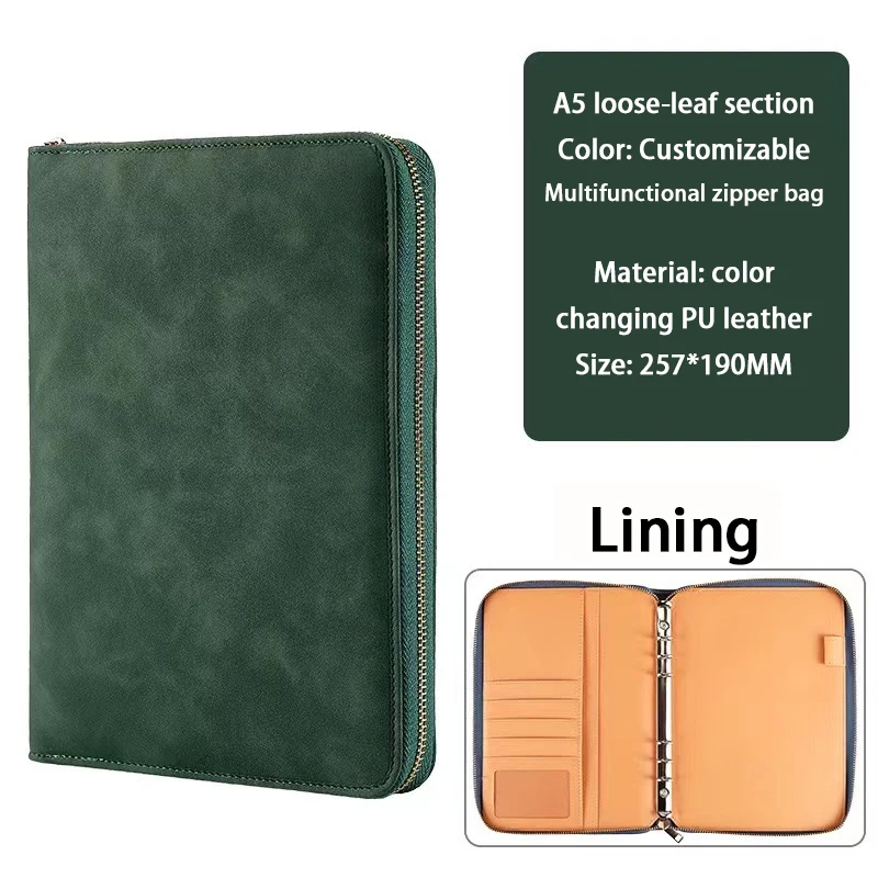 Factory customize A4 PU leather portfolio folders Travel Notebook zipper Padfolio Folder