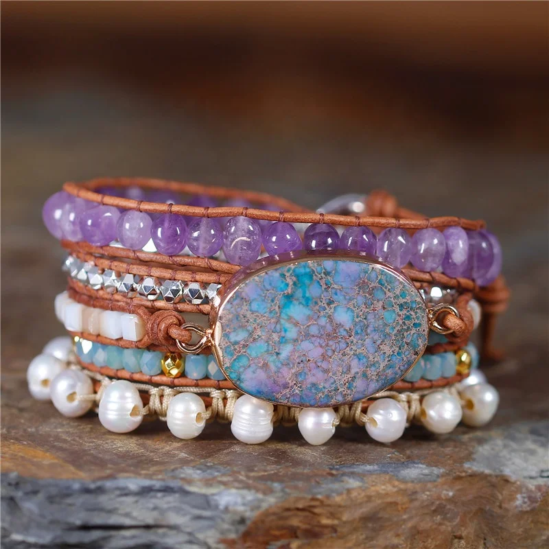 YueTong Bohemian Amethyst Beaded Natural Stone Boho 5 Layers Statement Leather Beads Wrap Bracelet Handmade Jewelry Wholesale