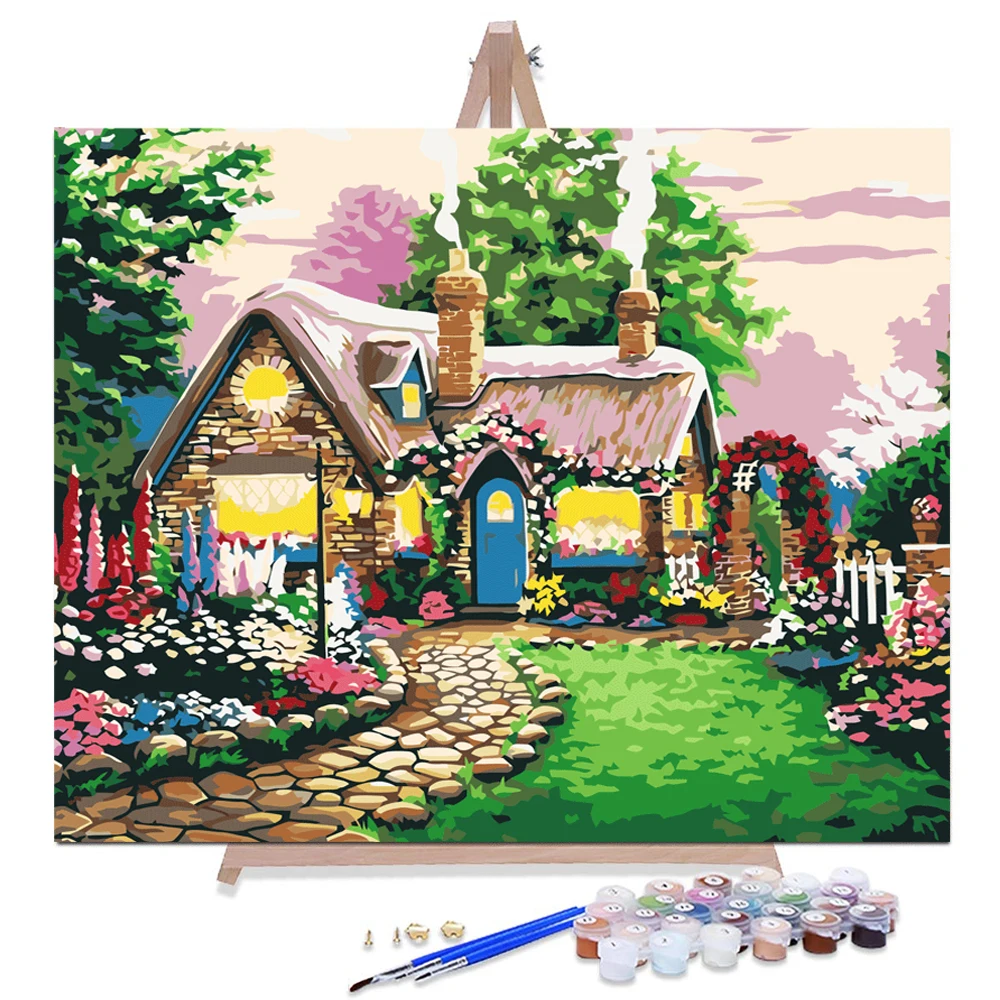 Digital Matching Frame Wall Decoration Diy Painting Hand-painted Canvas Living Room Fairy Tale Cottage Oil Painting