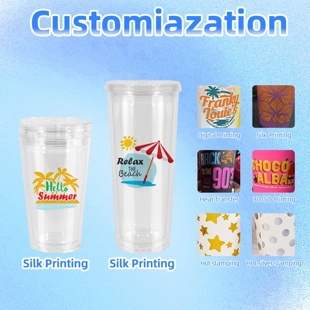 hot selling DIY Pre-drilled Double Wall 16oz 24oz Clear Acrylic Tumbler Reusable Plastic Tumbler with Straw and Stopper two lids