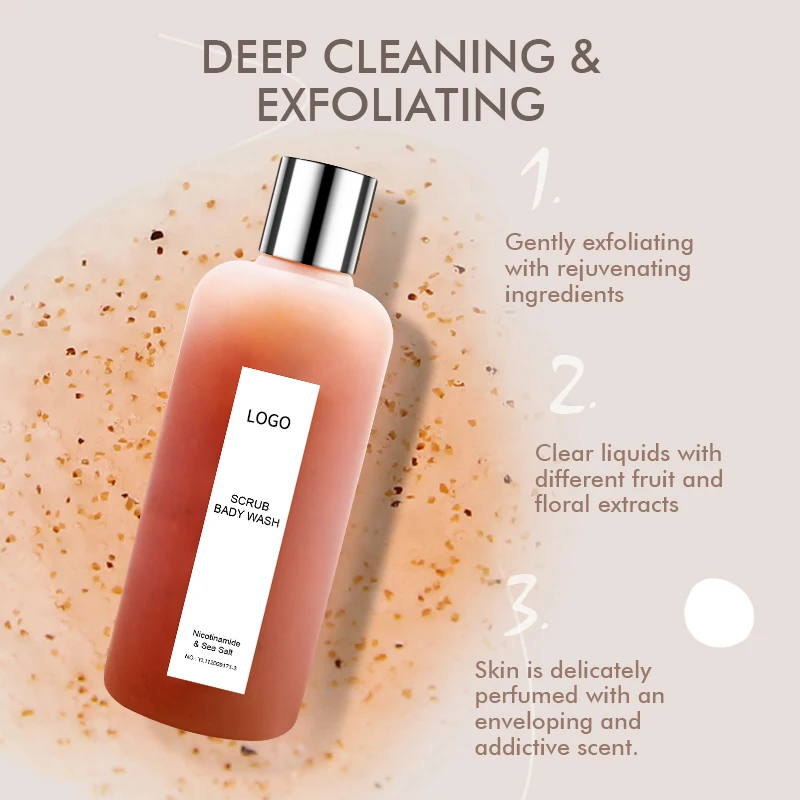 
OEM частная торговая марка, роскошный уход за кожей, парфюмированный, Осветляющий натуральный органический, жидкое мыло для ванны, скраб, гель для душа, гель для мытья тела 