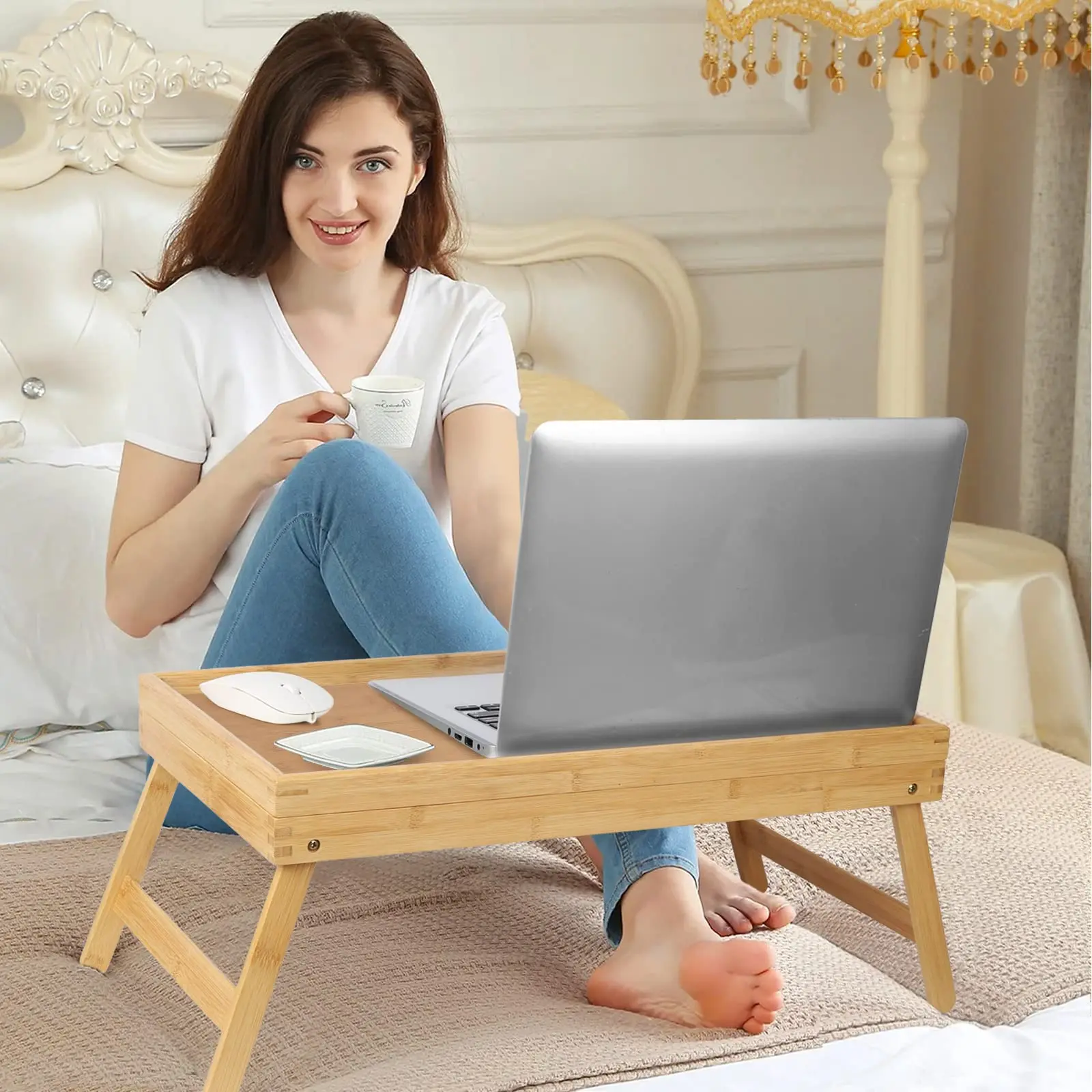 Bed Table Wooden Laptop Stand With Handles Folding Legs Small Table Bamboo Breakfast Food Tray With Media Slot Table For Laptop