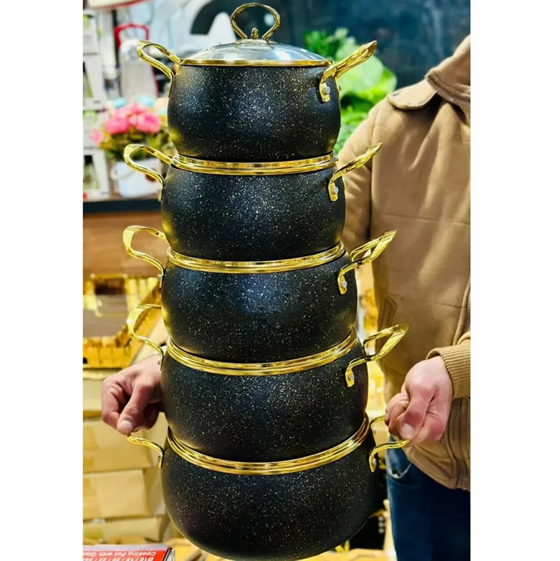 Gold Black Color Factory Customized Non-stick Belly Shape Aluminum Pot Set
