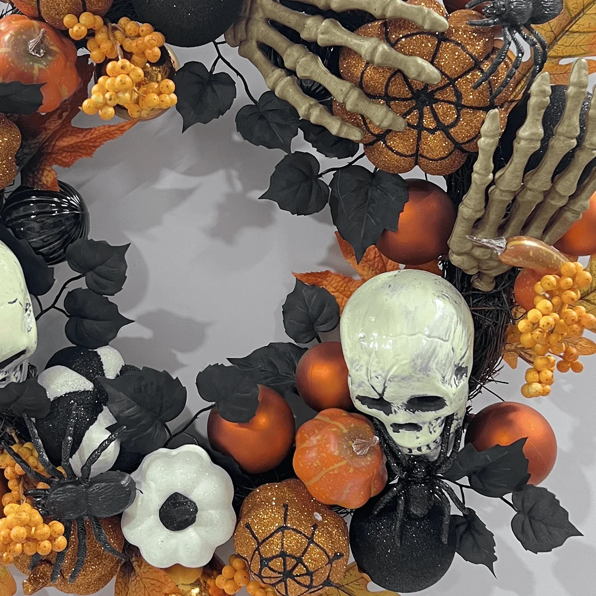 Senmasine 22 Inch Orange Baubles Berries Maple Leaves Spider Skeleton Head Hand Halloween Glitter Pumpkin Wreath