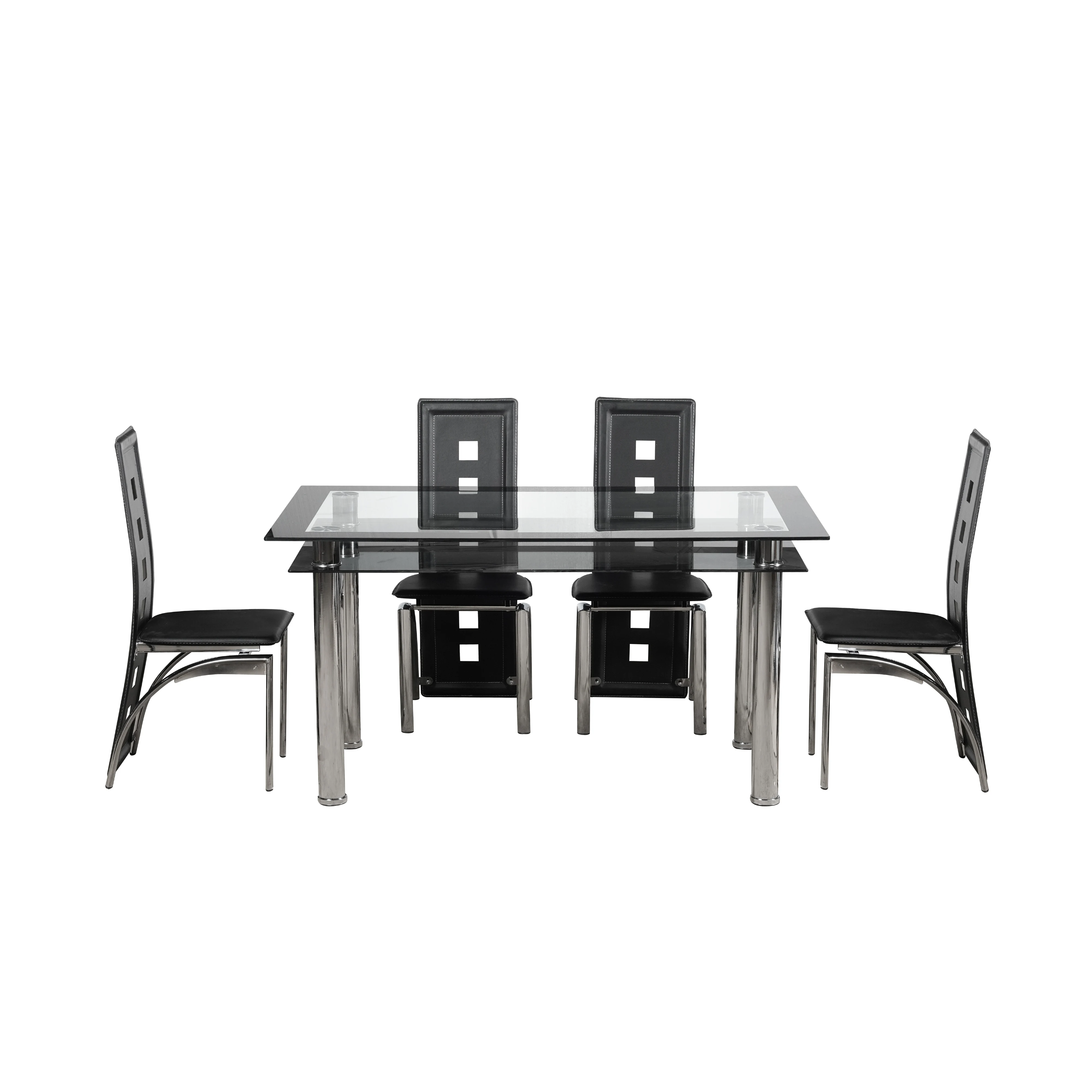 High Quality Two Level Tempered Glass with Chrome Metal Leg Dining Table Set 6 chairs For Dining Room Furniture