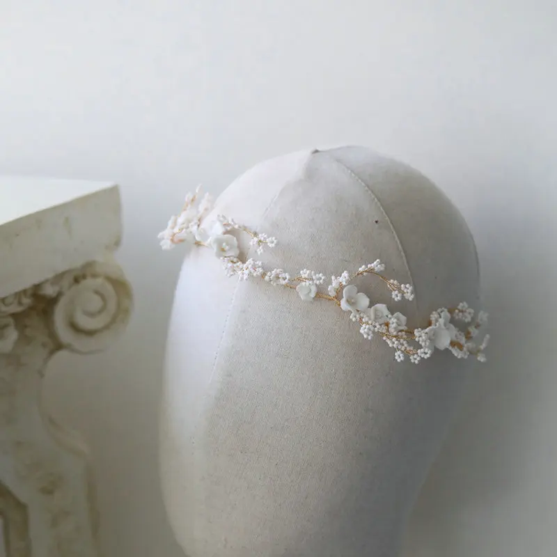 Handmade Beaded Bride Hair Vine Ceramic Flower Headband Babysbreath Wedding Tiara Accessories For Women