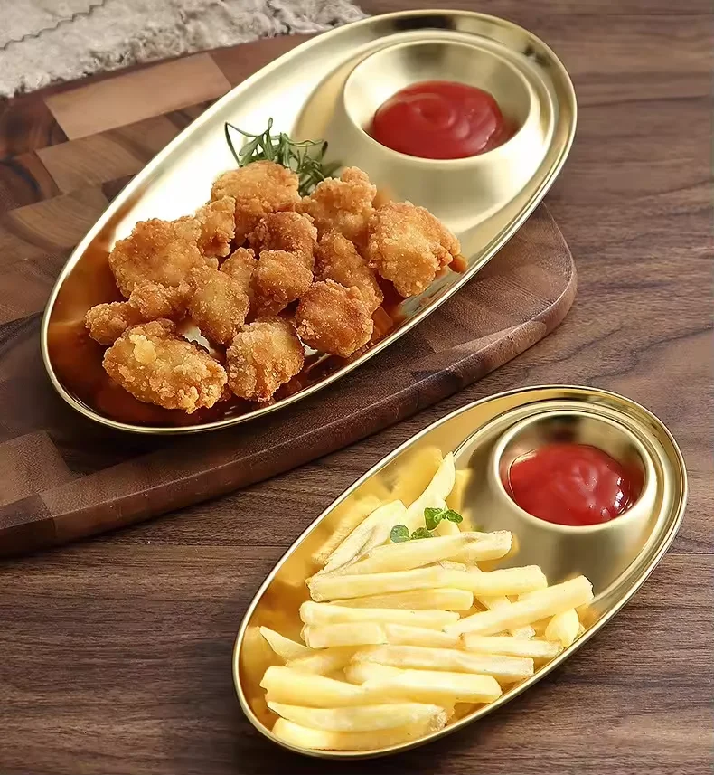 Korean Style Metal Golden Pastry Dishes 304 Stainless Steel Plate Dipping Sauce Tray with Seasoning Grid