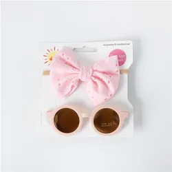 Newborn Baby Hair Accessories Hollow Bow Baby Headband and Sunglasses Set