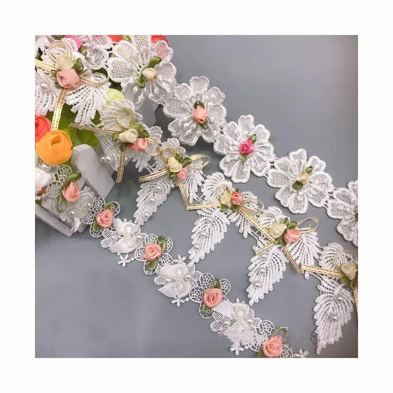 DIY clothes textile Double-layer embroidery fabric trim wate-soluble handmade ribbon flower cloth pearl rhinestone applique lace