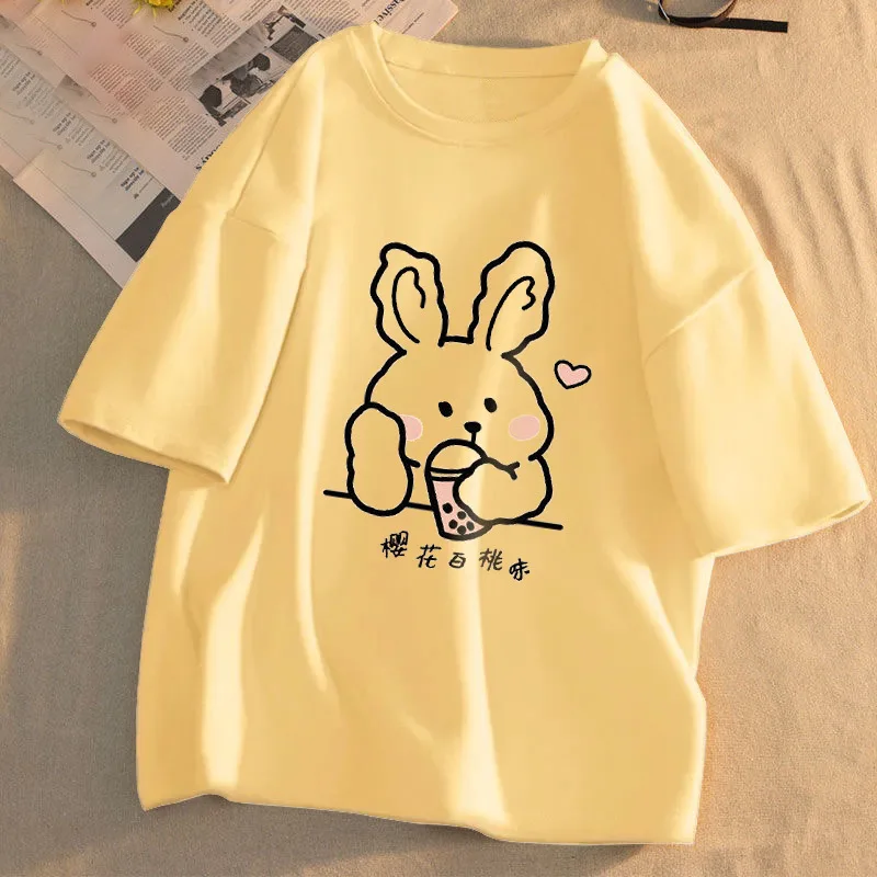 2022 Summer New Korean Version Round Neck T-shirt Print Cute Women Loose Cartoon Casual Short-sleeved Women Large Size Knitted