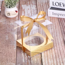 Gold Ribbon Transparent Square PET Cupcake Boxes Clear Muffin Cake Packing Box for Business Wedding Party Packaging